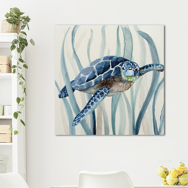 Blue Turtle and Seaweed Painting Textured Tropical Child Bedroom Canvas Wall Art Blue Design 1 Clearhalo 'Art Gallery' 'Canvas Art' 'Coastal Art Gallery' 'Nautical' Arts' 1652406