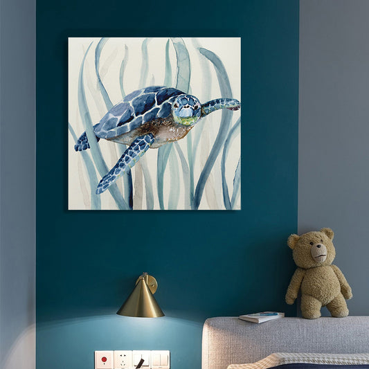 Blue Turtle and Seaweed Painting Textured Tropical Child Bedroom Canvas Wall Art Clearhalo 'Art Gallery' 'Canvas Art' 'Coastal Art Gallery' 'Nautical' Arts' 1652407
