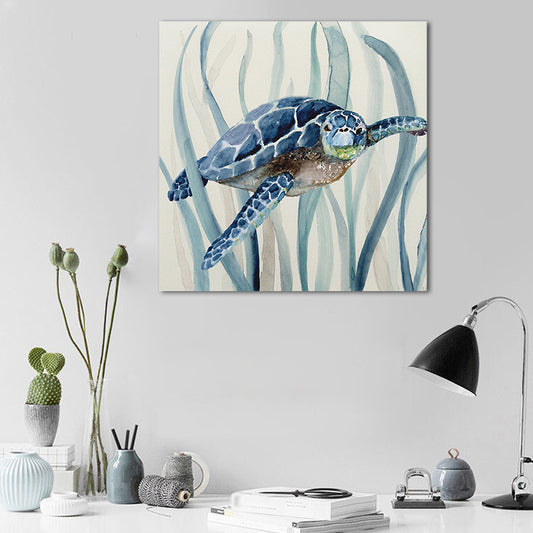 Blue Turtle and Seaweed Painting Textured Tropical Child Bedroom Canvas Wall Art Clearhalo 'Art Gallery' 'Canvas Art' 'Coastal Art Gallery' 'Nautical' Arts' 1652408