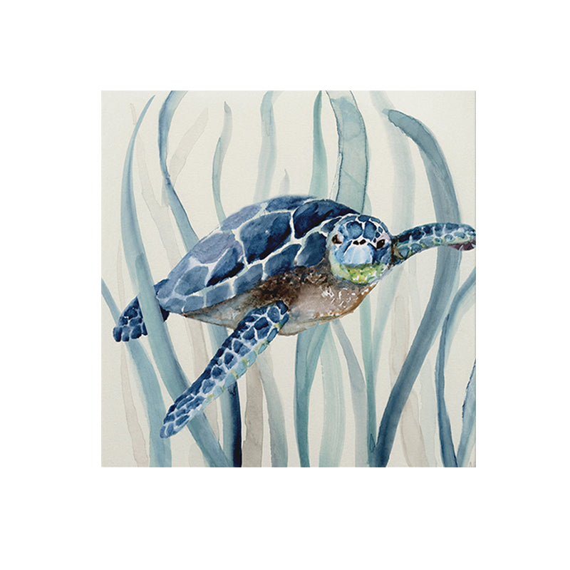 Blue Turtle and Seaweed Painting Textured Tropical Child Bedroom Canvas Wall Art Clearhalo 'Art Gallery' 'Canvas Art' 'Coastal Art Gallery' 'Nautical' Arts' 1652409