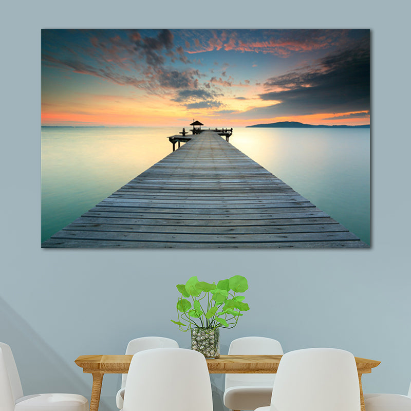 Photo Ocean Wooden Bridge Art Print Contemporary Canvas Wall Decor in Dark Color Green Clearhalo 'Art Gallery' 'Canvas Art' 'Contemporary Art Gallery' 'Modern' Arts' 1652427