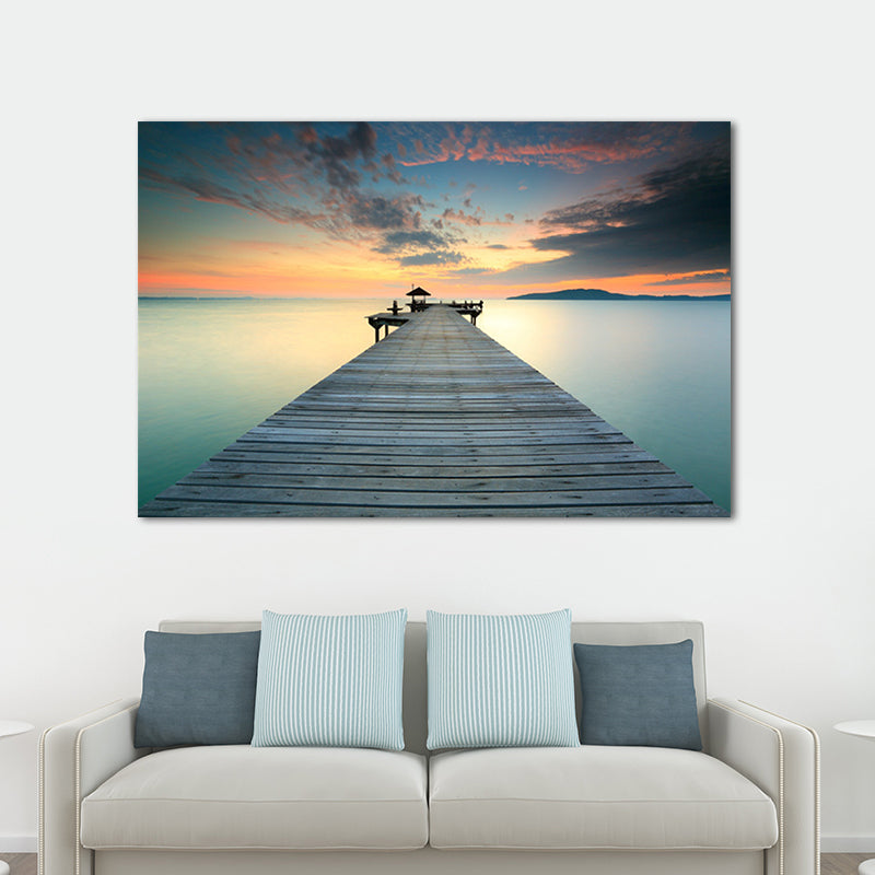 Photo Ocean Wooden Bridge Art Print Contemporary Canvas Wall Decor in Dark Color Clearhalo 'Art Gallery' 'Canvas Art' 'Contemporary Art Gallery' 'Modern' Arts' 1652428