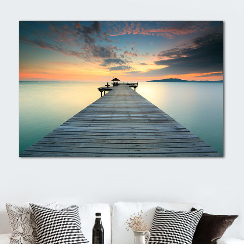 Photo Ocean Wooden Bridge Art Print Contemporary Canvas Wall Decor in Dark Color Clearhalo 'Art Gallery' 'Canvas Art' 'Contemporary Art Gallery' 'Modern' Arts' 1652429