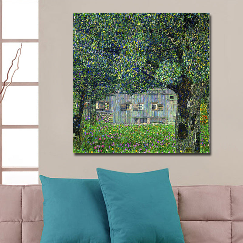Picturesque Log Cabin Painting for Living Room Town Scenery Canvas Wall Art in Green Green Design 1 Clearhalo 'Art Gallery' 'Canvas Art' 'Country Art Gallery' 'French Country' 'Rustic' Arts' 1652480