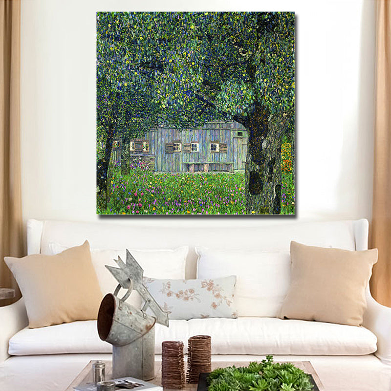 Picturesque Log Cabin Painting for Living Room Town Scenery Canvas Wall Art in Green Clearhalo 'Art Gallery' 'Canvas Art' 'Country Art Gallery' 'French Country' 'Rustic' Arts' 1652482