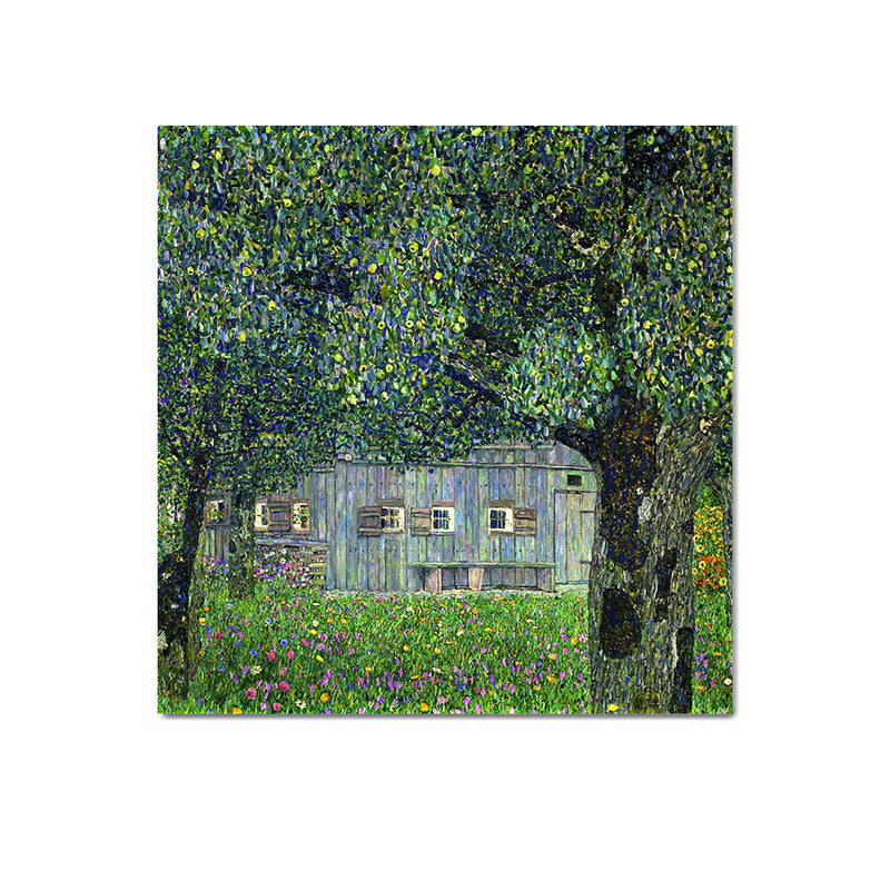 Picturesque Log Cabin Painting for Living Room Town Scenery Canvas Wall Art in Green Clearhalo 'Art Gallery' 'Canvas Art' 'Country Art Gallery' 'French Country' 'Rustic' Arts' 1652483