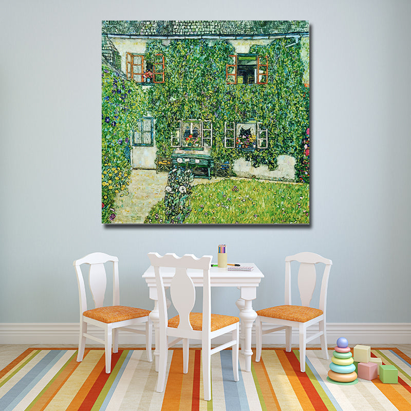 Picturesque Log Cabin Painting for Living Room Town Scenery Canvas Wall Art in Green Green Design 4 Clearhalo 'Art Gallery' 'Canvas Art' 'Country Art Gallery' 'French Country' 'Rustic' Arts' 1652495