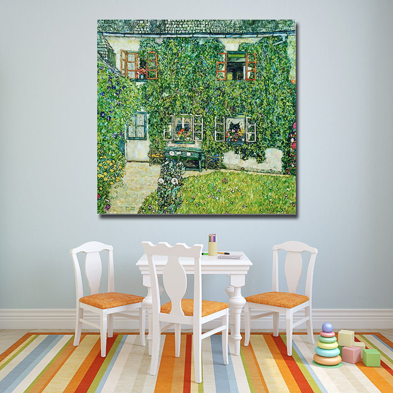 Picturesque Log Cabin Painting for Living Room Town Scenery Canvas Wall Art in Green Green Design 4 Clearhalo 'Art Gallery' 'Canvas Art' 'Country Art Gallery' 'French Country' 'Rustic' Arts' 1652495