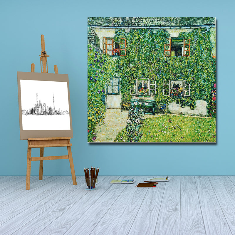 Picturesque Log Cabin Painting for Living Room Town Scenery Canvas Wall Art in Green Clearhalo 'Art Gallery' 'Canvas Art' 'Country Art Gallery' 'French Country' 'Rustic' Arts' 1652497