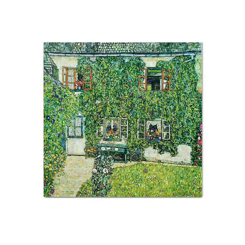 Picturesque Log Cabin Painting for Living Room Town Scenery Canvas Wall Art in Green Clearhalo 'Art Gallery' 'Canvas Art' 'Country Art Gallery' 'French Country' 'Rustic' Arts' 1652498
