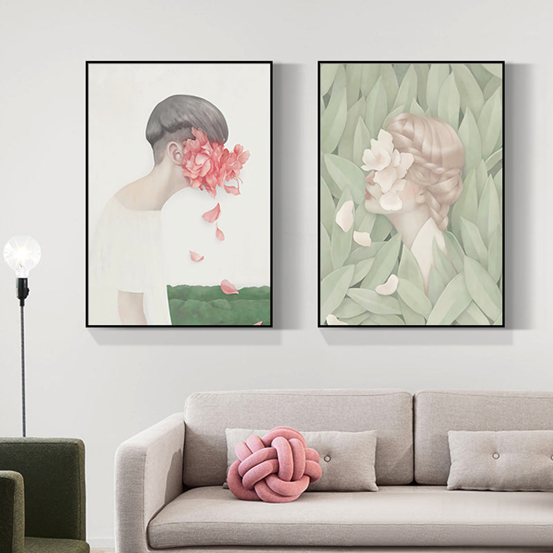 Donkere kleur Noordse muurkunst illustraties mensen met bloesem canvas print voor woonkamer