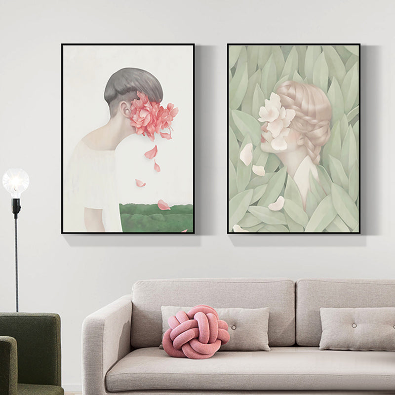 Dark Color Nordic Wall Art Illustrations People with Blossom Canvas Print for Living Room Red Clearhalo 'Arts' 'Canvas Art' 1652510