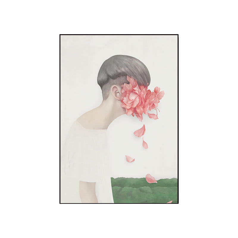 暗い色のノルディックウォールアートイラストリビングルーム用の花のキャンバスプリントを持つ人々