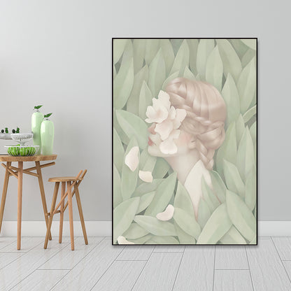 Dark Color Nordic Wall Art Illustrations People with Blossom Canvas Print for Living Room Green Clearhalo 'Arts' 'Canvas Art' 1652517