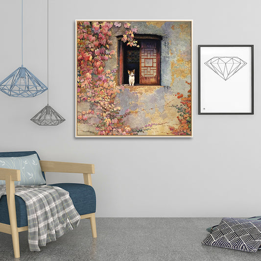 Kids Wall Art Print in Yellow Cat and Window with Climbing Vines Painting for Corridor Clearhalo 'Art Gallery' 'Canvas Art' 'Kids' Arts' 1652522