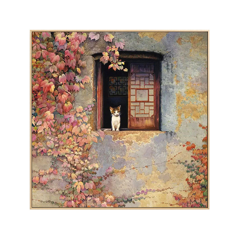 Kids Wall Art Print in Yellow Cat and Window with Climbing Vines Painting for Corridor Clearhalo 'Art Gallery' 'Canvas Art' 'Kids' Arts' 1652524