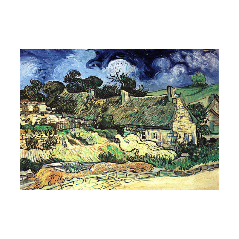 Oil Painting Rural Landscape Art Print for Family Room, Green-Blue, Textured Surface Clearhalo 'Art Gallery' 'Canvas Art' 'Country Art Gallery' 'French Country' 'Rustic' Arts' 1652538