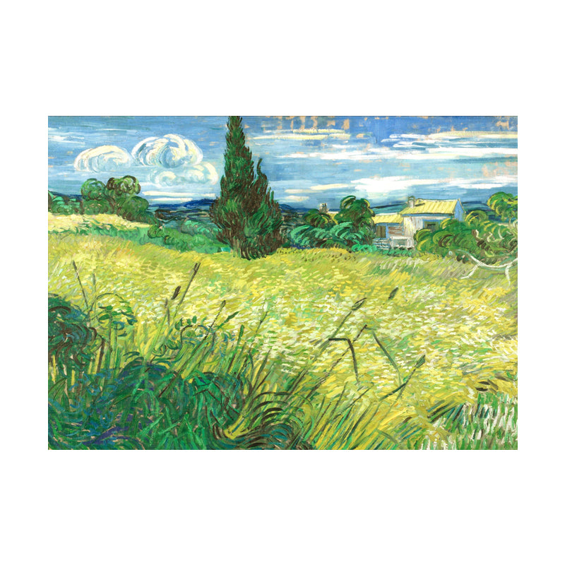 Oil Painting Rural Landscape Art Print for Family Room, Green-Blue, Textured Surface Clearhalo 'Art Gallery' 'Canvas Art' 'Country Art Gallery' 'French Country' 'Rustic' Arts' 1652545