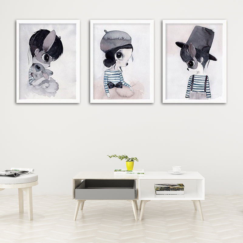 Cartoon Rabbit Painting Canvas Black Textured Wall Art Print for Childrens Bedroom Clearhalo 'Art Gallery' 'Canvas Art' 'Kids' Arts' 1652596