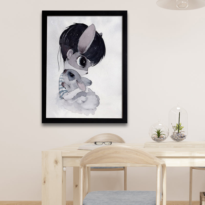 Cartoon Rabbit Painting Canvas Black Textured Wall Art Print for Childrens Bedroom Clearhalo 'Art Gallery' 'Canvas Art' 'Kids' Arts' 1652610