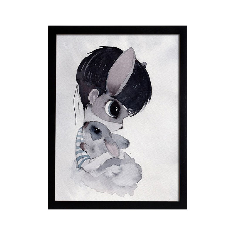 Cartoon Rabbit Painting Canvas Black Textured Wall Art Print for Childrens Bedroom Clearhalo 'Art Gallery' 'Canvas Art' 'Kids' Arts' 1652612