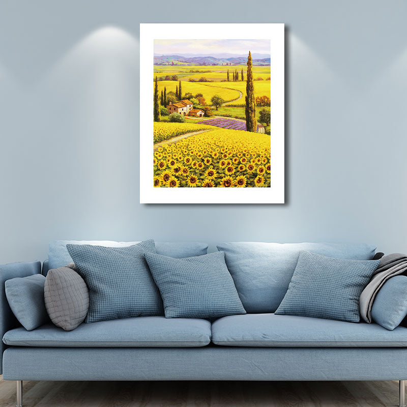 Cottage Sunflower World Canvas Print Yellow Living Room Wall Art Print, Textured Clearhalo 'Art Gallery' 'Canvas Art' 'Country Art Gallery' 'French Country' 'Rustic' Arts' 1652644