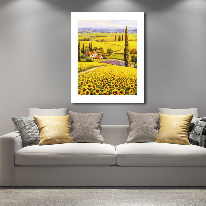 Cottage Sunflower World Canvas Print Yellow Living Room Wall Art Print, Textured Clearhalo 'Art Gallery' 'Canvas Art' 'Country Art Gallery' 'French Country' 'Rustic' Arts' 1652645