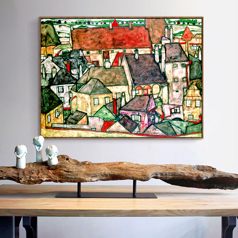 Green Kids Wall Art Decor Egon Schiele Yellow Town Painting Canvas Print for Bedroom Green Clearhalo 'Art Gallery' 'Canvas Art' 'Kids' Arts' 1652672