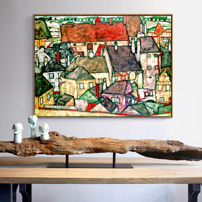Green Kids Wall Art Decor Egon Schiele Yellow Town Painting Canvas Print for Bedroom Green Clearhalo 'Art Gallery' 'Canvas Art' 'Kids' Arts' 1652672