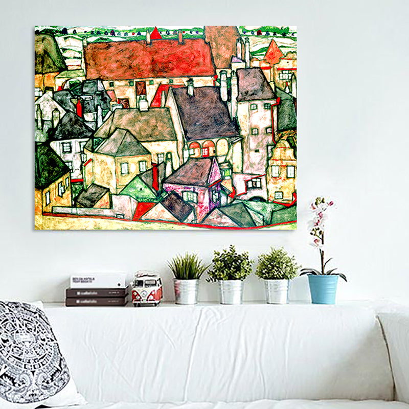 Green Kids Wall Art Decor Egon Schiele Yellow Town Painting Canvas Print for Bedroom Clearhalo 'Art Gallery' 'Canvas Art' 'Kids' Arts' 1652673