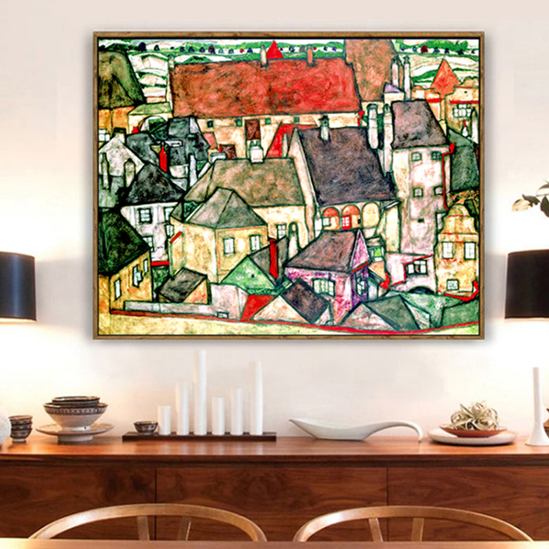 Green Kids Wall Art Decor Egon Schiele Yellow Town Painting Canvas Print for Bedroom Clearhalo 'Art Gallery' 'Canvas Art' 'Kids' Arts' 1652674