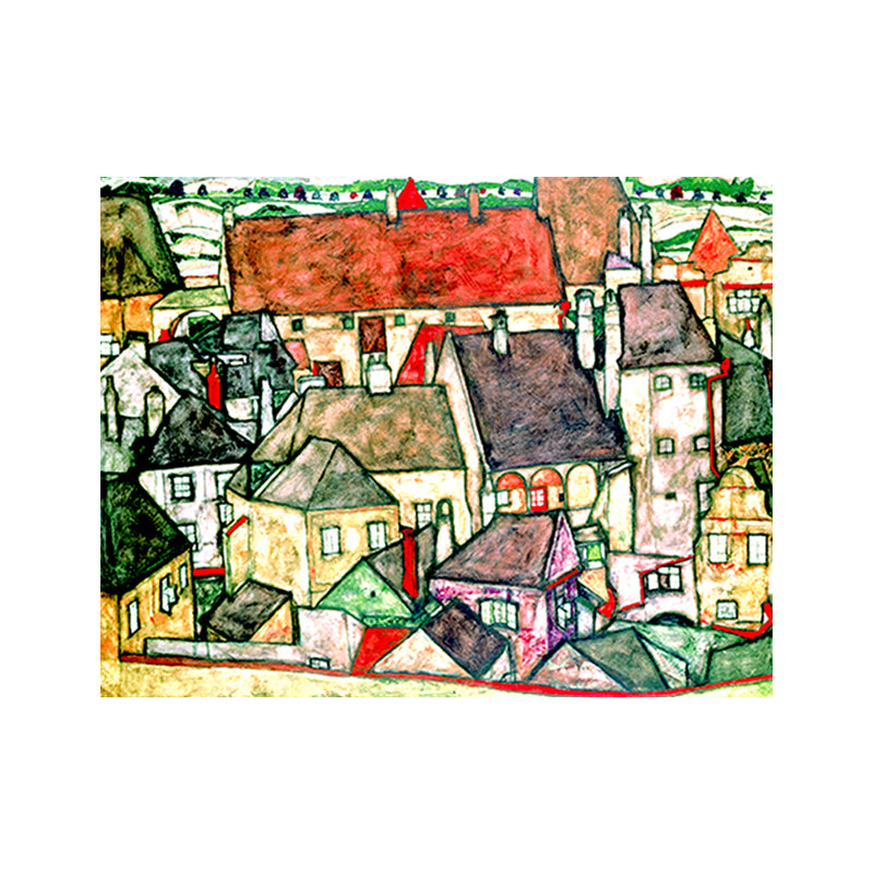 Green Kids Wall Art Decor Egon Schiele Yellow Town Painting Canvas Print for Bedroom Clearhalo 'Art Gallery' 'Canvas Art' 'Kids' Arts' 1652675