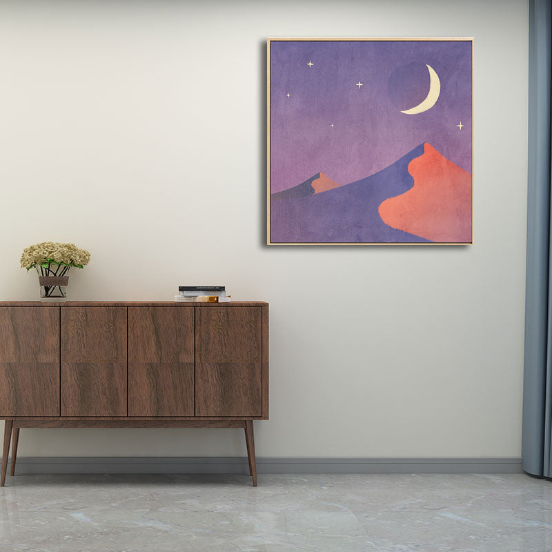 Soft Color Kids Wall Art Mountain and Starry Moon Night Sky Painting Canvas for Nursery Clearhalo 'Art Gallery' 'Canvas Art' 'Kids' Arts' 1652682