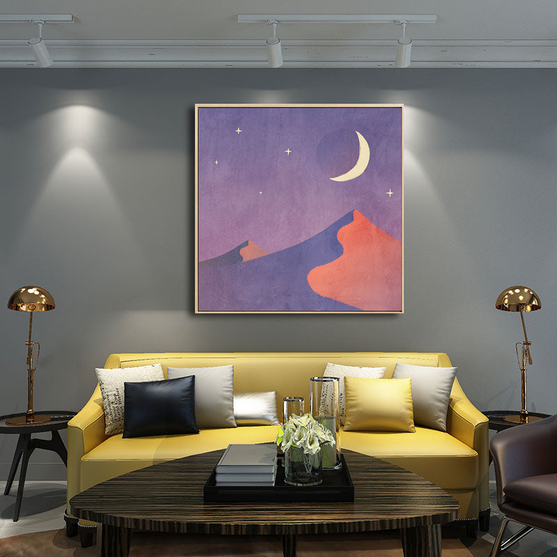 Soft Color Kids Wall Art Mountain and Starry Moon Night Sky Painting Canvas for Nursery Clearhalo 'Art Gallery' 'Canvas Art' 'Kids' Arts' 1652683