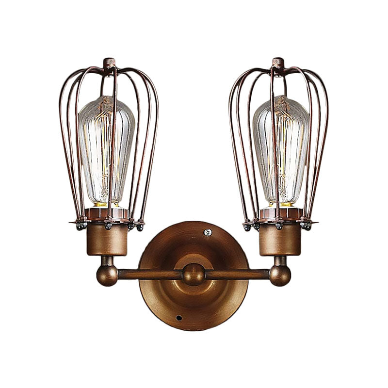 Industrial Style Caged Wall Sconce Lighting with Bulb Shade 2 Lights Metal Mini Wall Light in Copper/Aged Silver Clearhalo 'Art deco wall lights' 'Cast Iron' 'Glass' 'Industrial wall lights' 'Industrial' 'Middle century wall lights' 'Modern' 'Rustic wall lights' 'Tiffany' 'Traditional wall lights' 'Wall Lamps & Sconces' 'Wall Lights' Lighting' 165269