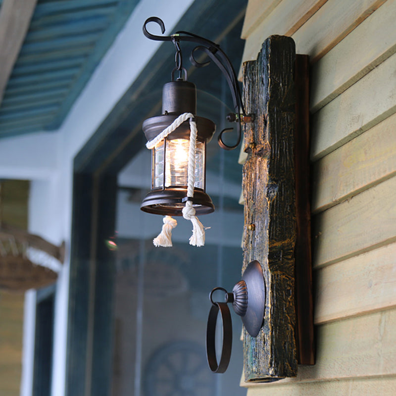 One Bulb Clear Glass Sconce Light Fixture Coastal Black Kerosene Outdoor Wall Lamp with Wooden Backplate Wood Clearhalo 'Industrial wall lights' 'Industrial' 'Middle century wall lights' 'Rustic wall lights' 'Tiffany' 'Wall Lamps & Sconces' 'Wall Lights' Lighting' 165274