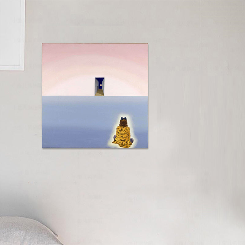 Vrouw zit op vloer canvas woonkamer muur kunst print roze textured voor slaapkamer