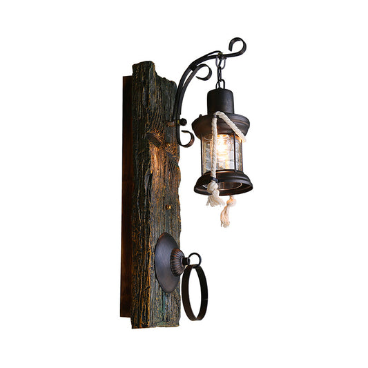 One Bulb Clear Glass Sconce Light Fixture Coastal Black Kerosene Outdoor Wall Lamp with Wooden Backplate Clearhalo 'Industrial wall lights' 'Industrial' 'Middle century wall lights' 'Rustic wall lights' 'Tiffany' 'Wall Lamps & Sconces' 'Wall Lights' Lighting' 165276