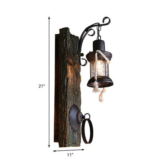One Bulb Clear Glass Sconce Light Fixture Coastal Black Kerosene Outdoor Wall Lamp with Wooden Backplate Clearhalo 'Industrial wall lights' 'Industrial' 'Middle century wall lights' 'Rustic wall lights' 'Tiffany' 'Wall Lamps & Sconces' 'Wall Lights' Lighting' 165277