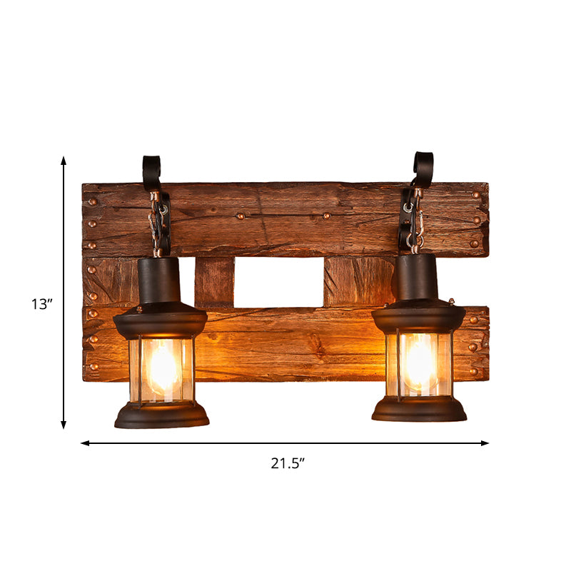 Clear Glass Black Wall Sconce Lighting Lantern 2-Light Industrial Light Fixture with Wooden Backplate Clearhalo 'Industrial wall lights' 'Industrial' 'Middle century wall lights' 'Rustic wall lights' 'Tiffany' 'Wall Lamps & Sconces' 'Wall Lights' Lighting' 165282