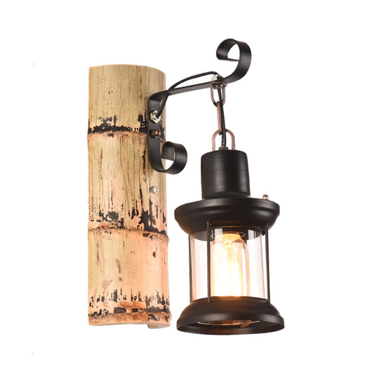 One Bulb Wall Light with Lantern Shade Clear Glass Industrial Dining Room Sconce in Black with Bamboo Backplate Clearhalo 'Industrial wall lights' 'Industrial' 'Middle century wall lights' 'Tiffany' 'Wall Lamps & Sconces' 'Wall Lights' Lighting' 165286