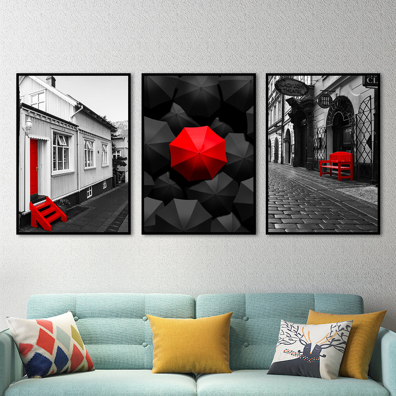 Large Modern City View Wrapped Canvas for Living Room Wall Art Print in Red, Set of 3 Clearhalo 'Art Gallery' 'Canvas Art' 'Contemporary Art Gallery' 'Modern' Arts' 1652932