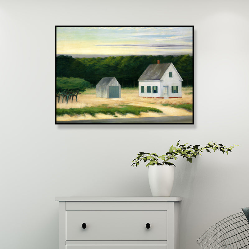 Rural Houses and Forest Painting Green-White Textured Wall Art Decor for Sitting Room Green Clearhalo 'Art Gallery' 'Canvas Art' 'Country Art Gallery' 'French Country' 'Rustic' Arts' 1652995