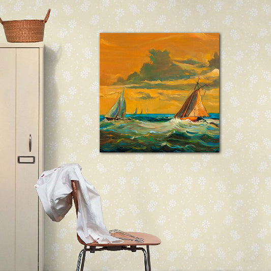 Modern Ocean Sailboat Painting Orange Sunset Seascape Wall Art Print for Living Room Clearhalo 'Art Gallery' 'Canvas Art' 'Contemporary Art Gallery' 'Modern' Arts' 1653003
