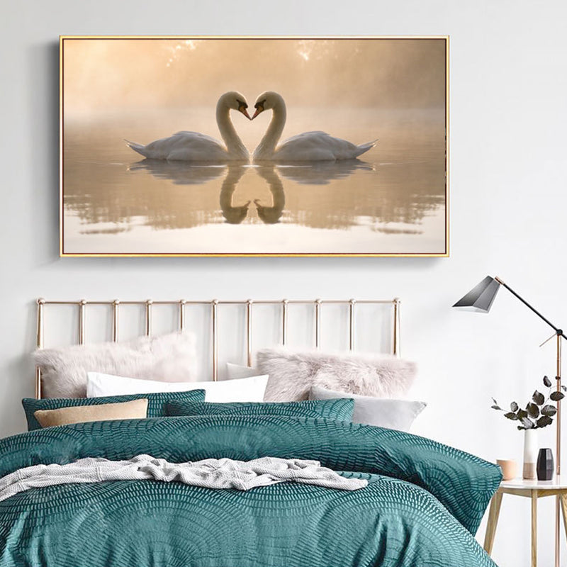 Yellow Modernist Wall Decor Swan Love in the Sunset Lake Canvas Wall Art for Bedroom Yellow Clearhalo 'Art Gallery' 'Canvas Art' 'Contemporary Art Gallery' 'Modern' Arts' 1653008