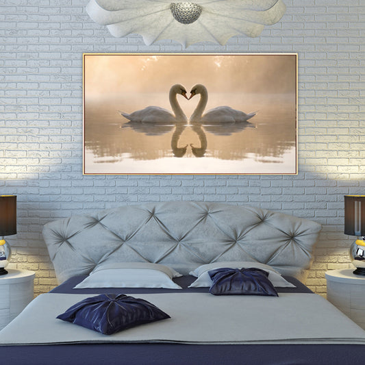 Yellow Modernist Wall Decor Swan Love in the Sunset Lake Canvas Wall Art for Bedroom Clearhalo 'Art Gallery' 'Canvas Art' 'Contemporary Art Gallery' 'Modern' Arts' 1653009