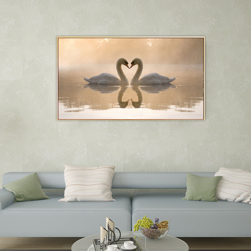 Yellow Modernist Wall Decor Swan Love in the Sunset Lake Canvas Wall Art for Bedroom Clearhalo 'Art Gallery' 'Canvas Art' 'Contemporary Art Gallery' 'Modern' Arts' 1653010