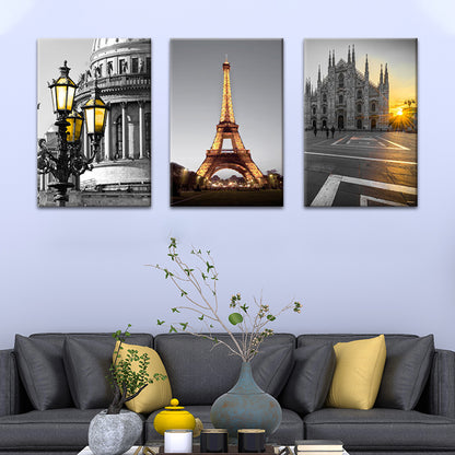 Global Inspired Landmark Wall Art Set Grey Sunset Cityscape Canvas Print for Living Room Grey Clearhalo 'Arts' 'Canvas Art' 1653015