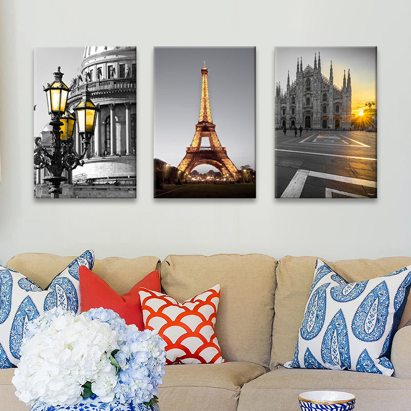 Global Inspired Landmark Wall Art Set Grey Sunset Cityscape Canvas Print for Living Room Clearhalo 'Arts' 'Canvas Art' 1653017