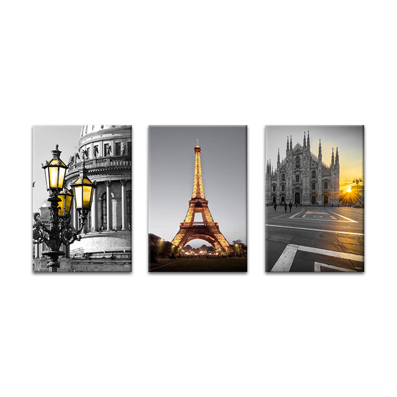 Global Inspired Landmark Wall Art Set Grey Sunset Cityscape Canvas Print for Living Room Clearhalo 'Arts' 'Canvas Art' 1653018
